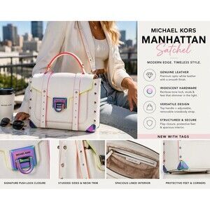 Michael Kors Manhattan Satchel Optic White Rainbow Stud Leather Bag